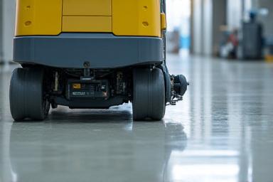 Commercial floor buffer actively cleaning a floor